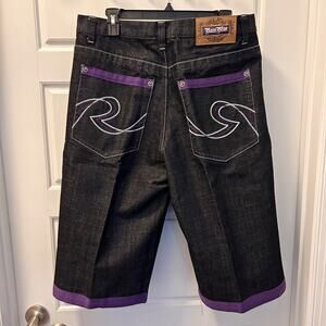 Vintage Raw Blue Y2K Purple Embroidered Baggy Denim Jorts Mens 32